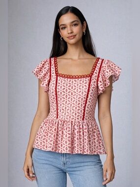 Sugar Lips Red White Eyelet Embroidered Peplum Top Ruffle Sleeve Size L